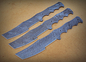 LOT-BBT-257,  Handmade Damascus Steel Blank Blade Full Tang Tracker Knives (Lot of 3) Set