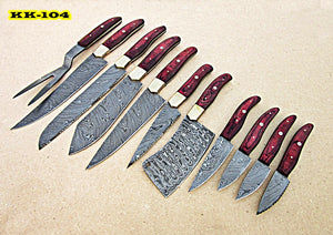 KK-104, Custom Handmade Damascus Steel 11 Pieces Kitchen Knife Set - Best Quality Red Doller Sheet Handle with Brass Bolsters