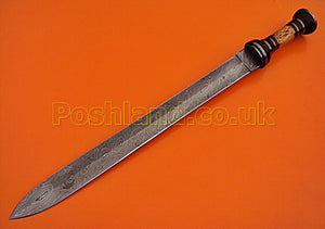SW-149, Handmade Damascus Steel 25 Inches Sword - Best Quality Rose Wood & Colored Bone Handle with Damascus Steel Guard