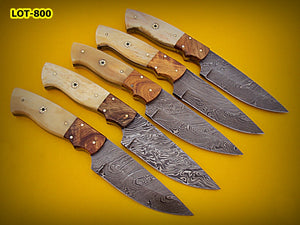 LOT-BC-136 Custom Handmade Damascus Steel Skinner Knife Set (Lot of Five) - Solid Natural Bone & Olive Wood Handle with Muzik Pin