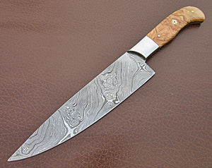 CF-22 Custom Handmade Damascus Steel 12.00 Inches Chef Knife - Beautiful Olive Burrel Wood Handle with Stainless Steel Bolster