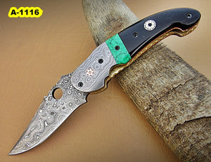 FA-1116, Custom Handmade Damascus Steel Folding Knife-[Rain Drop] - Beautiiful Bull Horn, Green Stone  with Damascus Steel Bolsters. Amazing File Work And Two Musice Pins Each Side.