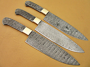 LOT-BBC-665,  Handmade Damascus Steel 12 Inches Full Tang Chef Knife Set with Brass Bolsters