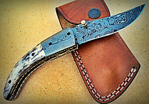 FN-A-84, Custom Handmade Damascus Steel Folding Knife - Colored Bone Handle with Damascus Steel Bolsters