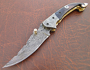 FNA-87 Custom Handmade Damascus Steel Folding Knife - Beautiful Camel Bone Handle with Damascus Steel Bolsters