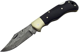 FN-9002, Custom Handmade Damascus Steel 6.04 Inches Folding Knife - Beautiful Bull Horn Handle with Brass Bolster
