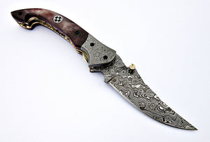 FNA-322 Custom Handmade Damascus Steel Folding Knife - Beautiful Camel Bone Handle with Damascus Steel Bolsters