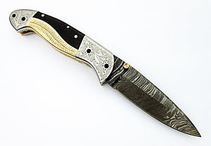 FNA-1184, Custom Handmade Damascus Steel 7.2 Inches Folding Knife - Gorgeous Hand Engraving on Bull Horn and Brass Handle