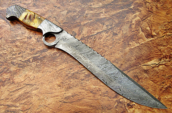 RG-213 Handmade Damascus Steel 17 Inches Bowie Knife - Beautiful Lamb Horn Handle with Damascus Steel Bolsters