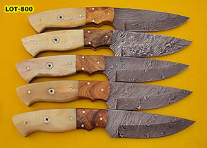LOT-BC-136 Custom Handmade Damascus Steel Skinner Knife Set (Lot of Five) - Solid Natural Bone & Olive Wood Handle with Muzik Pin