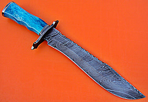 RG-51 Handmade Damascus Steel 15.0" Inches Bowie Knife - Coluured Bone.Handle,Brass Guard.