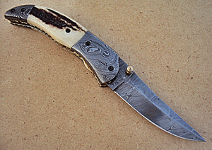 FNA-34 Custom Handmade Damascus Steel Folding Knife- Stag Horn Handle