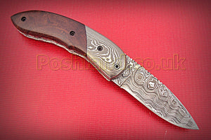 FN-S-339, Handmade Damascus Steel Folding Knife – Beautiful Rose Wood Handle with Damascus Steel Bolster