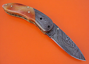 FN-88 Handmade Damascus Steel Folding Knife – Beautiful Colored Bone Handle with Damascus Steel Bolster