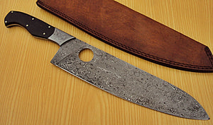CP-20 Damascus Steel Chef Knife- Damascus Steel Bolster & Bull Horn Handle.