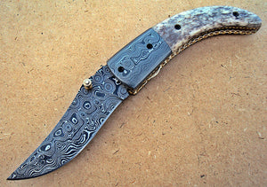 FN-A-84, Custom Handmade Damascus Steel Folding Knife - Colored Bone Handle with Damascus Steel Bolsters