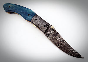 UK-1075, Custom Handmade Damascus Steel Folding Knife - Colored Bone Handle with Damascus Steel Bolsters Amazing File Work.