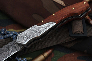 FN-03, Custom Handmade Damascus Steel 7.4 Inches Folding Knife - With Beautiful Walnut Wood Handle with Damascus Steel Bolster