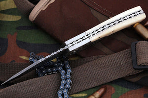 FN-02, Custom Handmade Damascus Steel 7.4 Inches Folding Knife - Beautiful Colored Camel Bone Handle with Damascus Steel Bolster