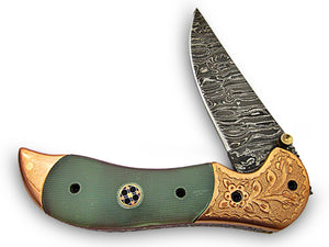 FN-74 Custom Handmade Damascus Steel 7.4 Inches Folding Knife - Gorgeous Hand Engraving on Green Micarta and Browns Metal Handle