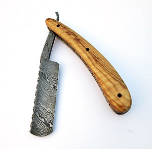RZ-2081 Custom Handmade Damascus Steel Straight Razor - Beautiful File Work on Olive Wood Handle