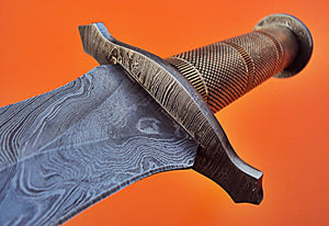 RG-153 Handmade Damascus Steel 13.00 Inches  Bowie  Knife - Gorgeous Leath Work on Brass Handle with Damascus Steel Guards