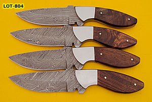 LOT-BC-141 Custom Handmade Damascus Steel Skinner Knife Set (Lot of Four) - Solid Rose Wood Handle with Stainless Steel Bolsters