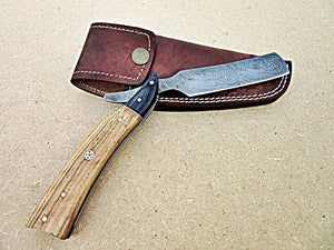 RZ-28, Custom Handmade Damascus Steel Straight Razor - Exotic Olive Wood and Doller Sheath Handle