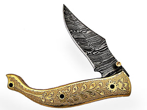 FNA-1169, Custom Handmade Damascus Steel 7.6 Inches Folding Knife - Gorgeous Hand Engraving on Full Tang Brass Handle