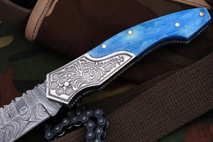 FN-01, Custom Handmade Damascus Steel 7.4 Inches Folding Knife - Beautiful Colored Camel Bone Handle with Damascus Steel Bolster