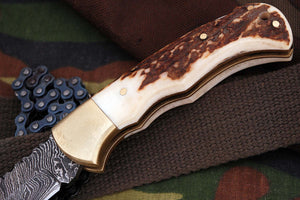 FN-9005, Custom Handmade Damascus Steel 6.04 Inches Folding Knife - Beautiful Stage Handle with Brass Bolster