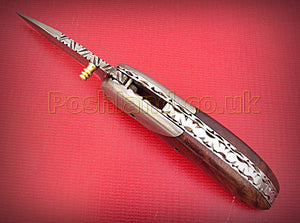 FN-S-339, Handmade Damascus Steel Folding Knife – Beautiful Rose Wood Handle with Damascus Steel Bolster