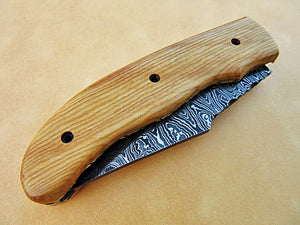 FNA-1136, Custom Handmade Damascus Steel Folding Knife - Beautiful Olive Burrel Wood Handle