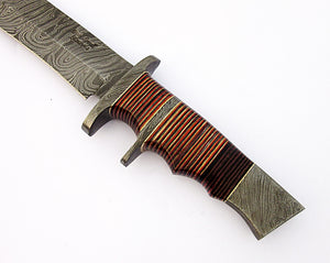 RG-243 Custom Handmade 13.00 Inches Damascus Steel Bowie Knife – Beautiful Three Tone Micarta Handle with Double Damascus Steel Guard