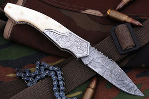 FN-02, Custom Handmade Damascus Steel 7.4 Inches Folding Knife - Beautiful Colored Camel Bone Handle with Damascus Steel Bolster