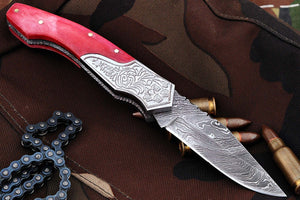 FN-04, Custom Handmade Damascus Steel 7.4 Inches Folding Knife - Beautiful Colored Camel Bone Handle with Damascus Steel Bolster