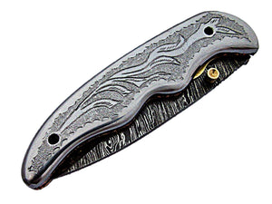 FNA-1175, Custom Handmade Damascus Steel 7.3 Inches Folding Knife - Gorgeous Hand Engraving on Stainless Steel Handle