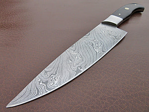 CF-35 Custom Handmade Damascus Steel 12.00 Inches Chef Knife - Beautiful Bull Horn Handle with Stainless Steel Bolster