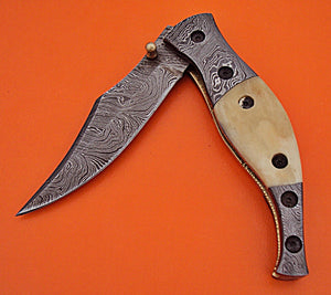 FN-63 Custom Handmade Damascus Steel Folding Knife - Solid White Bone Handle with Damascus Steel Bolsters