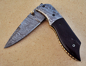 FNA-31 Custom Handmade Damascus Steel Folding Knife- Bull Horn Handle with Damascus Steel Bolsters