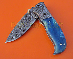 FN-95  Handmade Damascus Steel Folding Knife – Beautiful Colored Bone Handle with Damascus Steel Bolster