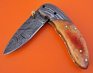 FN-88 Handmade Damascus Steel Folding Knife – Beautiful Colored Bone Handle with Damascus Steel Bolster