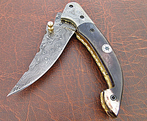 FNA-87 Custom Handmade Damascus Steel Folding Knife - Beautiful Camel Bone Handle with Damascus Steel Bolsters
