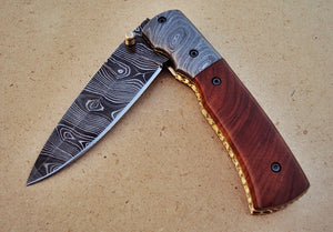 FNA-29 Custom Handmade Damascus Steel Folding Knife- Damascus Steel Bolsters - Burl Wood Handle