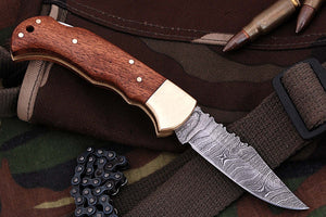 FN-9003, Custom Handmade Damascus Steel 6.04 Inches Folding Knife - Beautiful Wallnut Wood Handle with Brass Bolster