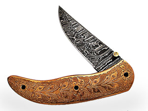 FNA-1170, Custom Handmade Damascus Steel 7.3 Inches Folding Knife - Gorgeous Brass Metal Engraving Work on Full Tang Browns Metal Handle