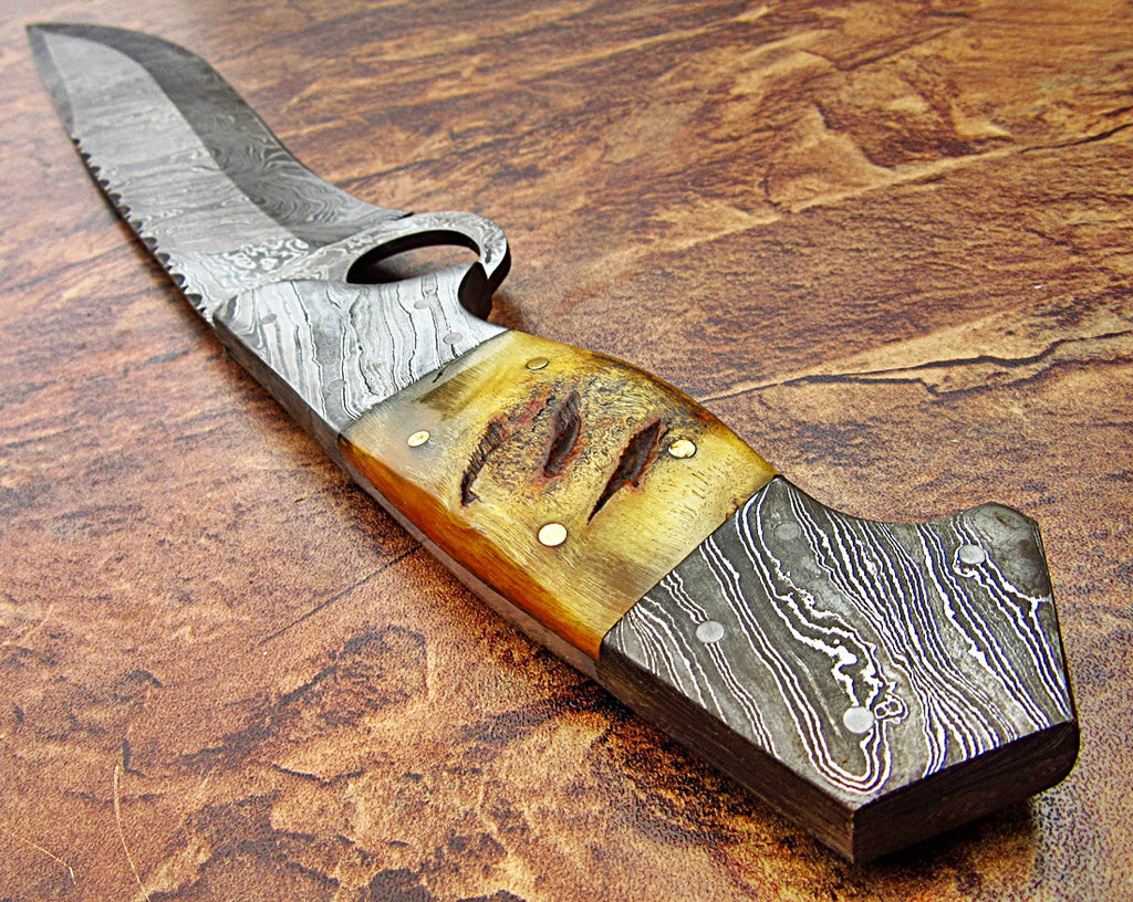  RG-213 Handmade Damascus Steel 17 Inches Bowie Knife -  Beautiful Lamb Horn Handle with Damascus Steel Bolsters : Sports & Outdoors