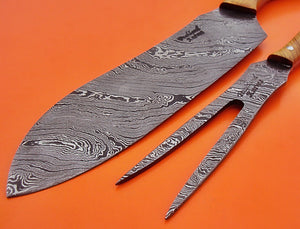 CF-11 Handmade Damascus Steel Chef Carving Knife Set -Olive Burl Wood Handles