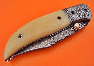 FN-86 Handmade Damascus Steel Folding Knife – Solid White Bone Handle with Damascus Steel Bolster