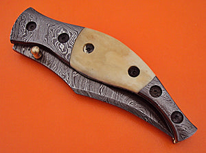 FN-63 Custom Handmade Damascus Steel Folding Knife - Solid White Bone Handle with Damascus Steel Bolsters